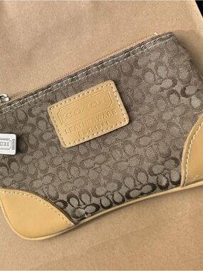 Coach Small Signature Canvas Wristlet in Brown & Tan Leather